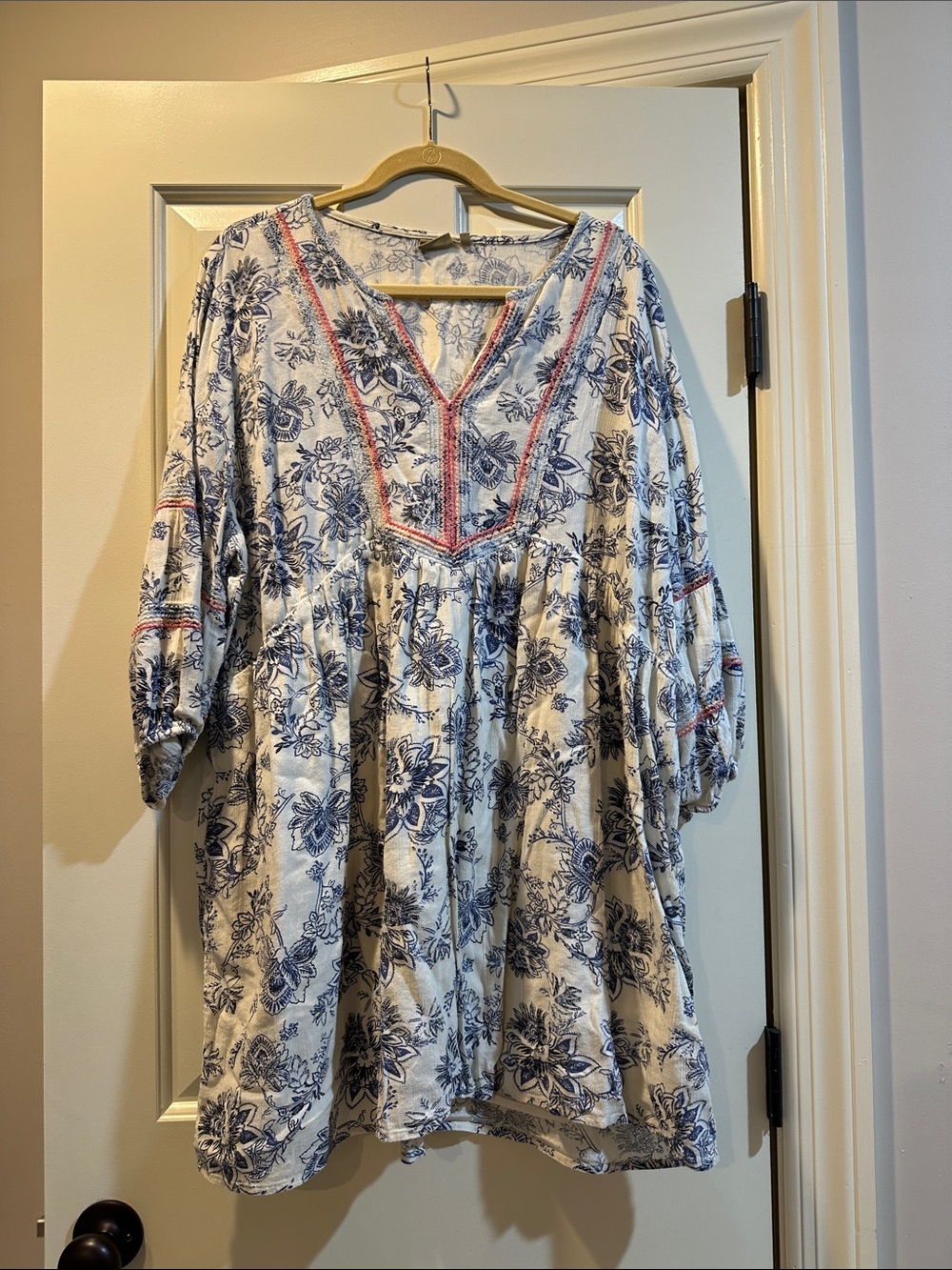 True Craft White Tunic Dress with Navy Floral Print and Pink Trim